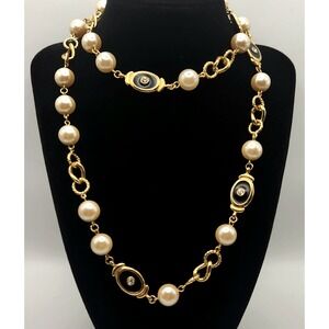 Joan Collins Necklace Dynasty Collection Faux Pearl Black Enamel Rhinestone 36in